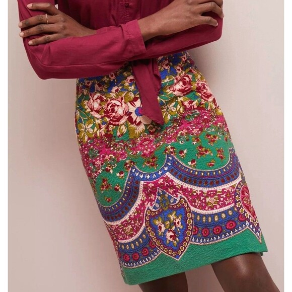 Anthropologie Maeve Sheffield Textured Skirt 4 Blue Pink Floral Straight Pencil - Picture 10 of 10